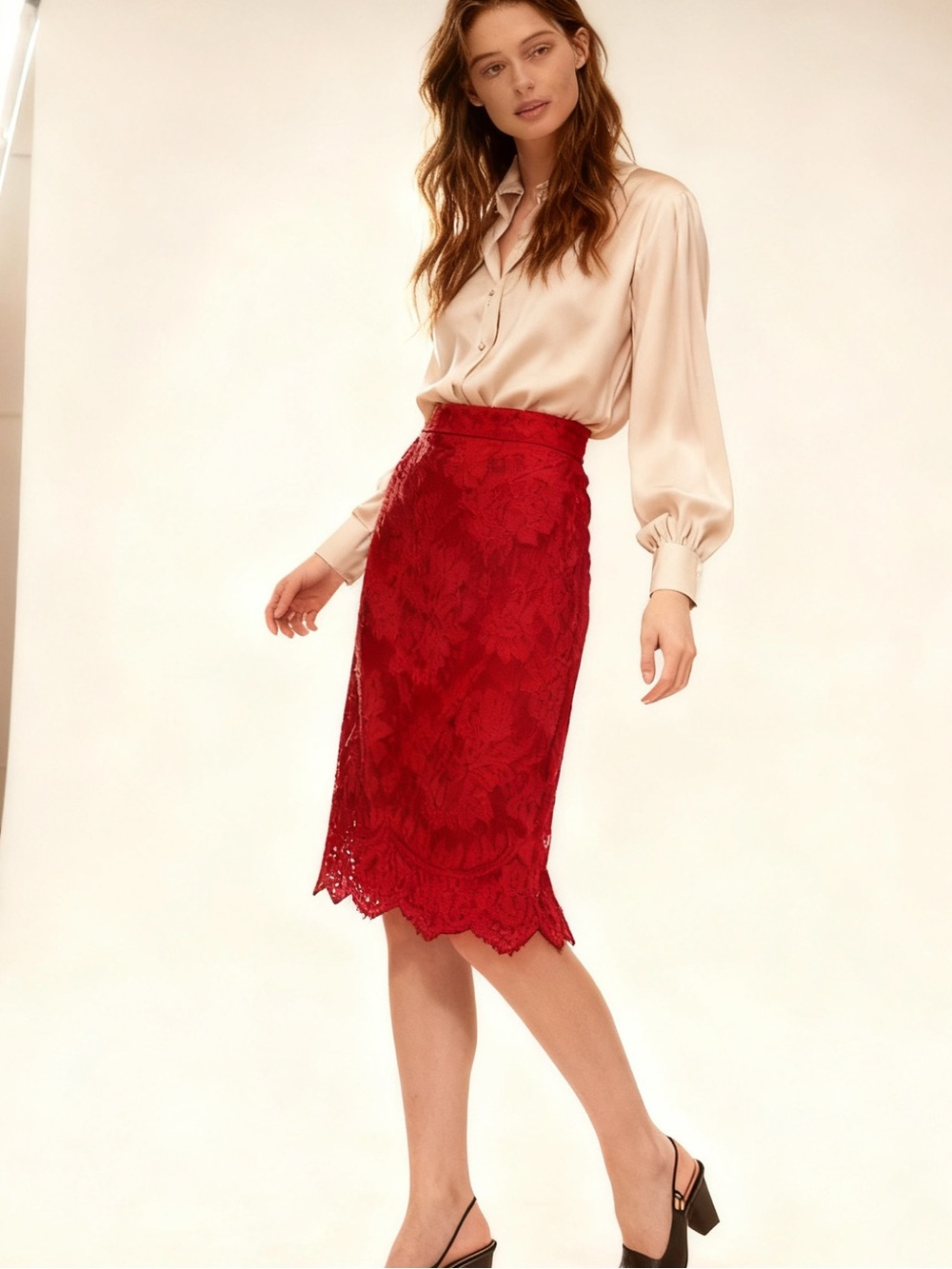 Covington Red Lace Midi Pencil Skirt